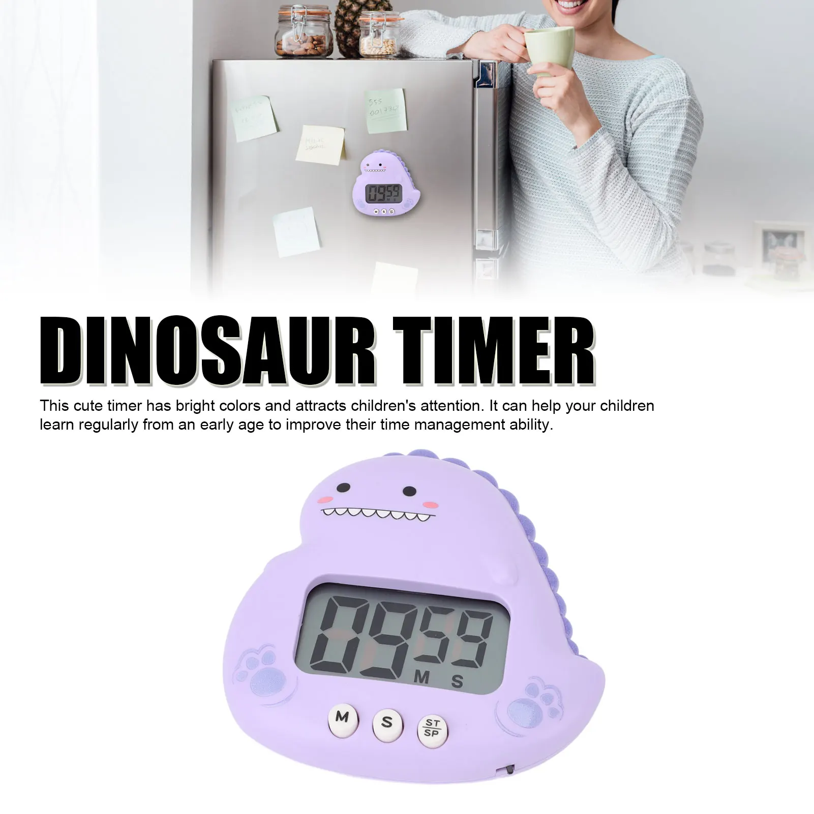 Purple Dinosaur Timer LCD Display Count Up and Countdown Countdown Timer Magnetic Back Cartoon Animal Shape Kids Study Timer