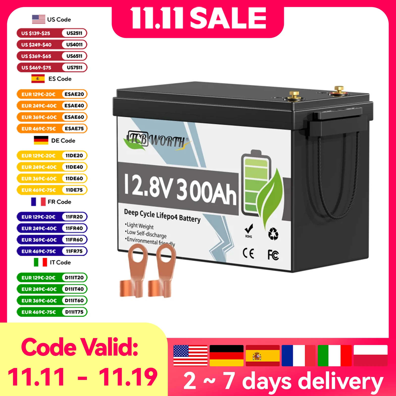 بطارية ليثيوم TCBWORTH 12 فولت 300 أمبير LiFePO4 مع 200 أمبير BMS، 6000+ دورات، حماية منخفضة درجة الحرارة لـ RV، خارج الشبكة، تخزين منزلي وبحري #1