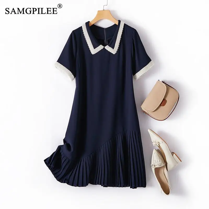 

Elegant Casual Women's Dresses 2022 European Summer Stitching Hem Pinch Pleated Polo Collar Beaded Drape Short-sleeved Dress 4XL