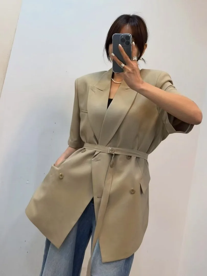 

Retro Belted Suit Jaet Women's Summer 2025 Loose Lazy Sle Suit Collar Versatile Top Trendy ort Sve Pure Color