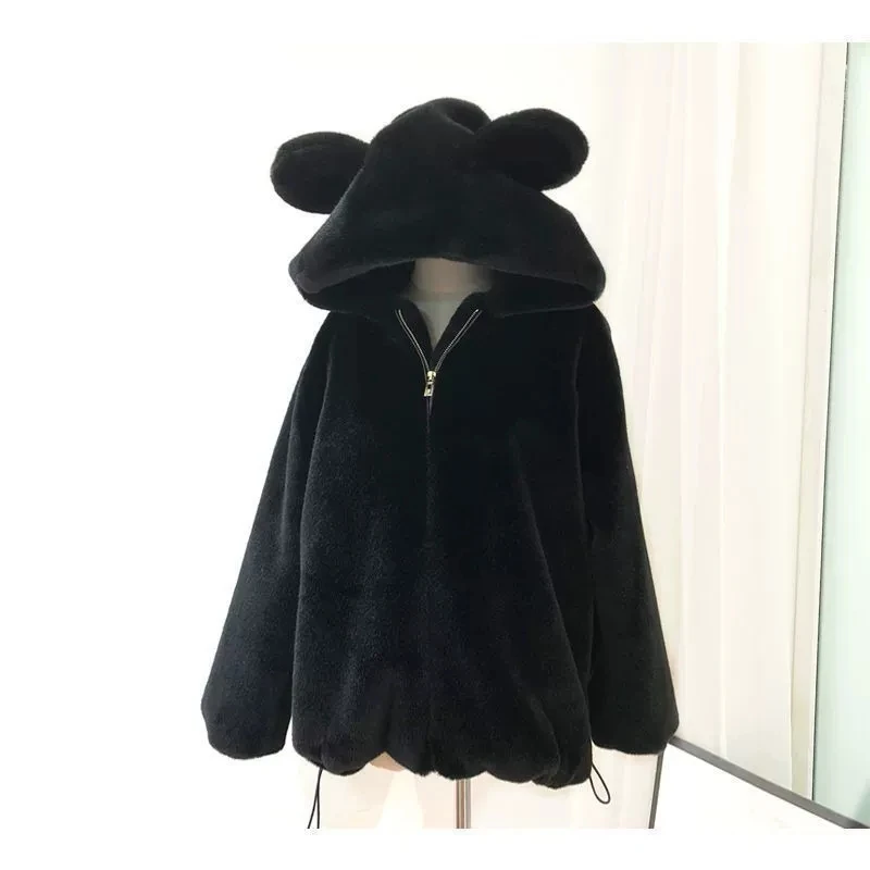 Women's New Autumn Winter Hooded Coat Bear Ears Top Clothing Long Sleeve Loose Zip Up Fleece Jacket Cozy Chic Fashion Outerwear