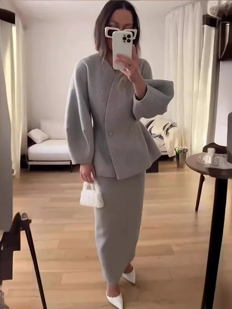 Elegant Solid Woolen Blend V Neck Coat Suit Women Fashion Puff Sleeve High Waist Slim Long Skirts Lady Chic Commute Outerwears