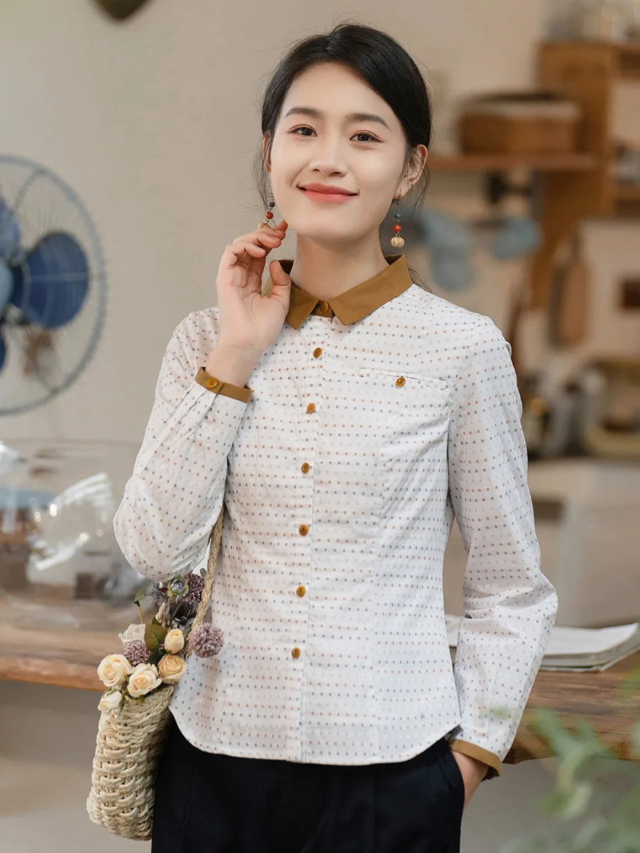 

Женская блузка из чистого хлопка с длинным рукавом, весенняя новинка, художественный дизайн в горошек, на пуговицах, с высоким воротником, комбинированный дизайн, топ