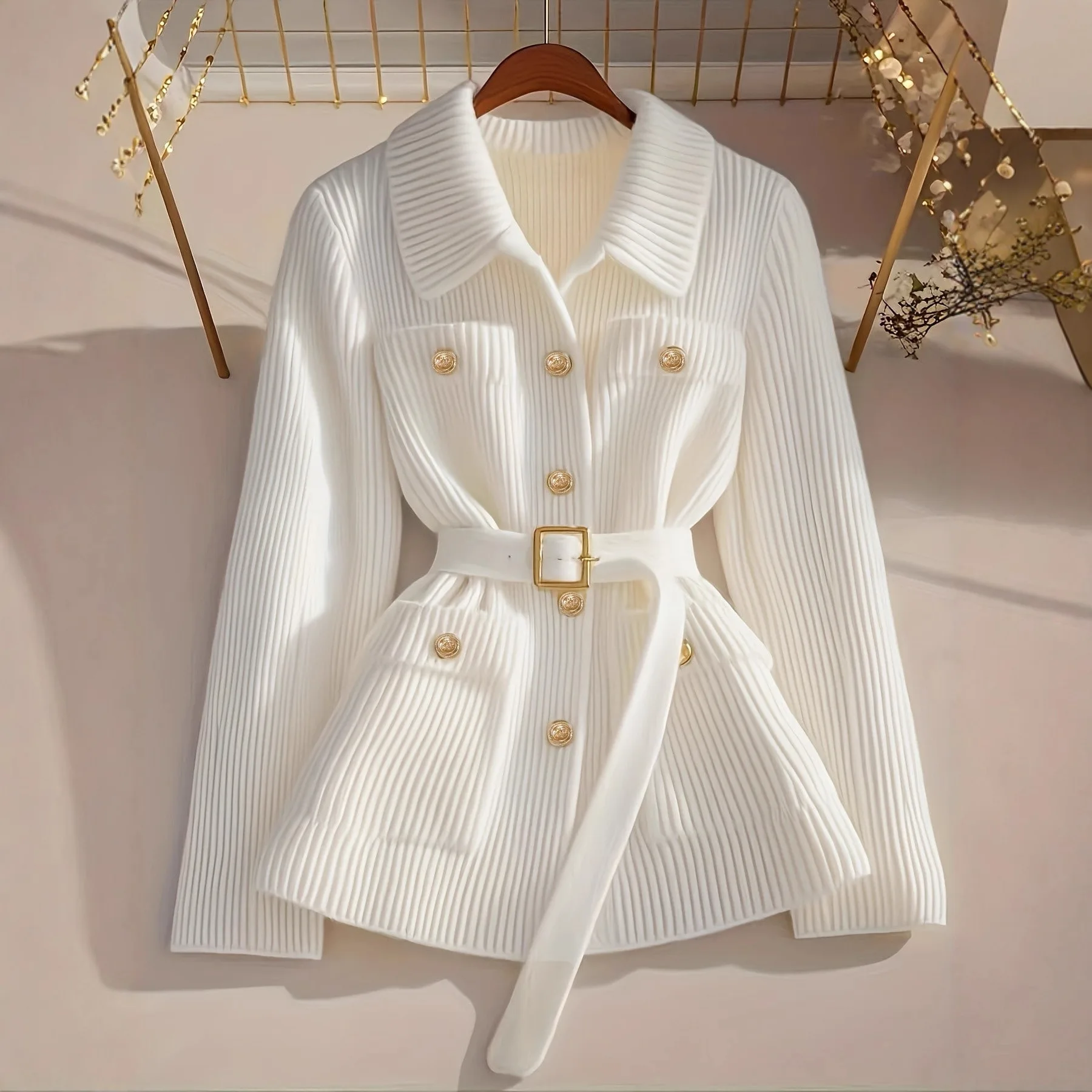 

Утепленный однотонный вязаный кардиган-пальто для женщин, осенне-зимний, элегантный, повседневный, с поясом, китайское производство, ручная работа, имитация крокодиловой кожи