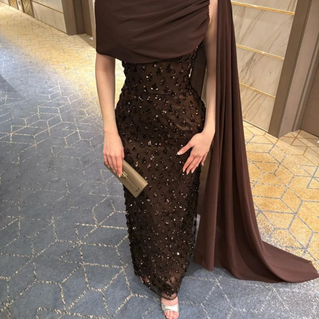 Bella Customized Chocolate Brown One Shoulder Prom Dress Sequin Beaded Draped Cape robes de soirée Luxury Party Dresses 2025