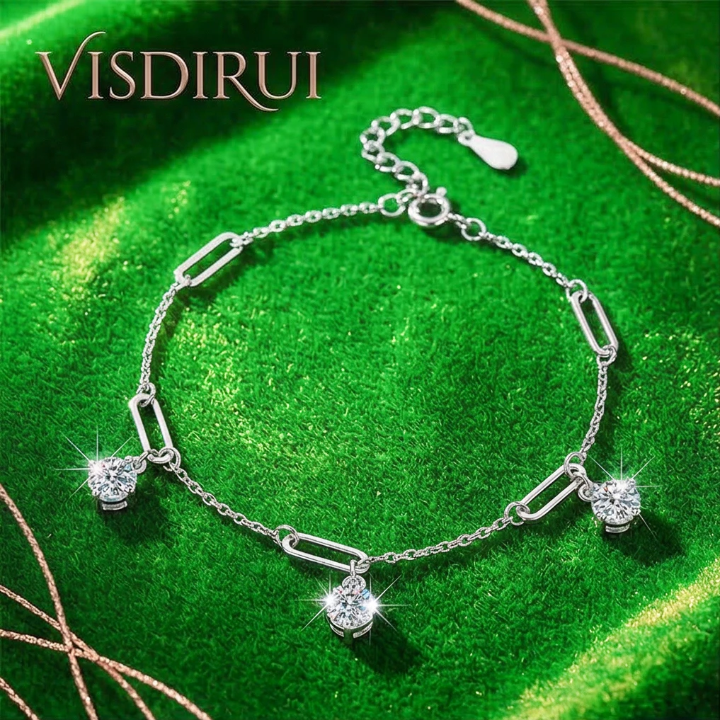 

VISDIRUI 1.5ct D Color Three Stone Moissanite Bracelet S925 Sterling Silver 5mm Adjustable Fine Jewelry Engagement Gift