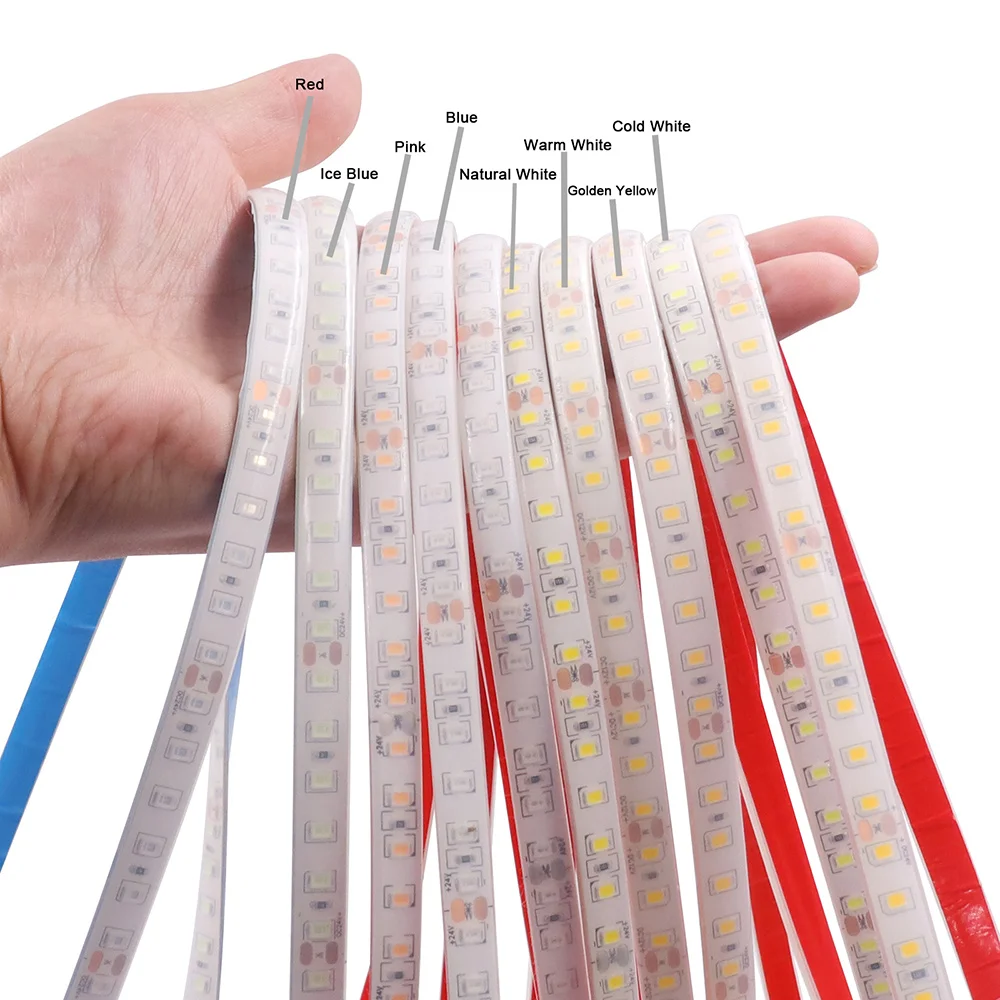 IP68 Waterproof 2835 LED Strip Light with DC Plug 12V 24V 5m 10m 20m 9 Colors 120LED/m High Bright Flex Tape Ribbon 0.5m 1m 2m