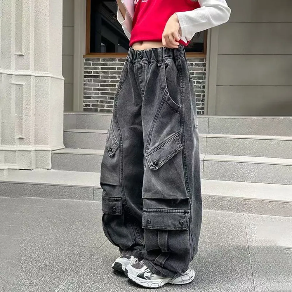New Kids Teenager Fashion Casual Trousers Autumn Kids Girl Cargo Jeans With Multi Pocket Children Luxury Straight Denim Pants