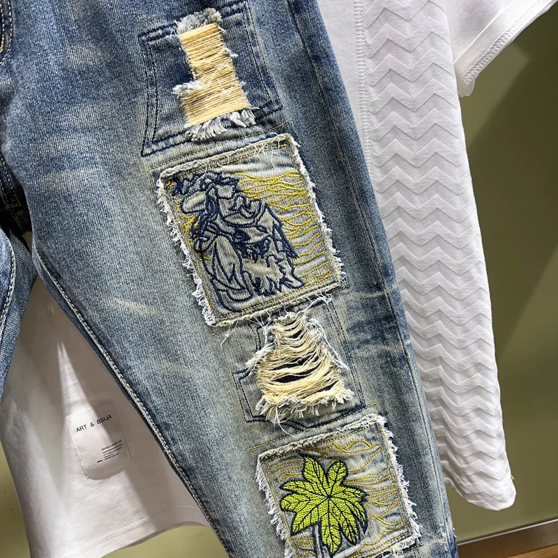 Street Fashion Men Jeans Retro Washed Blue Stretch Slim Ripped Jeans Men Embroidery Patched Designer Hip Hop Denim Pants Hombre