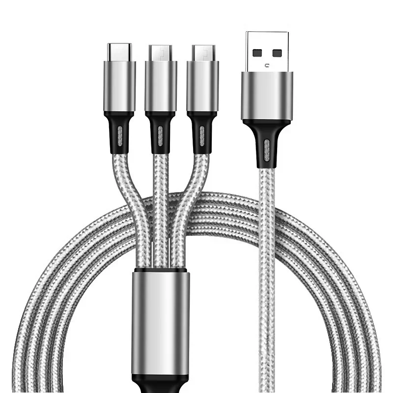 Anti-Stretch Multi-Port 2a Fast Charge Mobile Phone Charging Cable Phone Parts 3-In-1 Copper Core Nylon Braided Data Cable