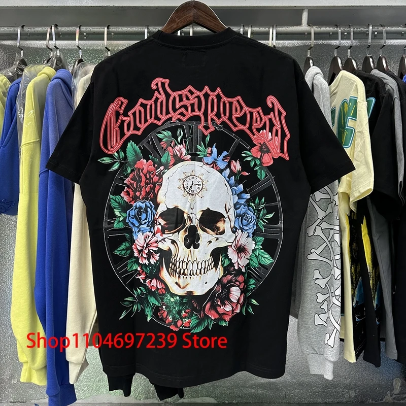 

American Trend Hip-hop Retro Godspeed T Shirt Skull Rose Dial Print Men Women Daily Casual Short Sleeve GOD SPEED Top Clothes