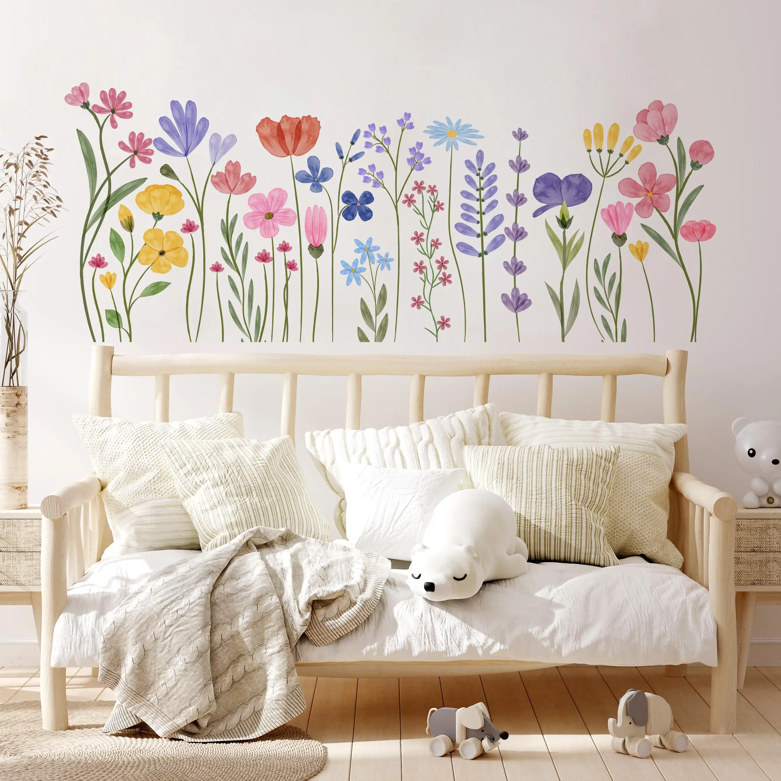 Boho Wildflower Vines Baseboard Wall Stickers Colorful Watercolor  Floral Skirting Line Wall Decals Bedroom Home Decor