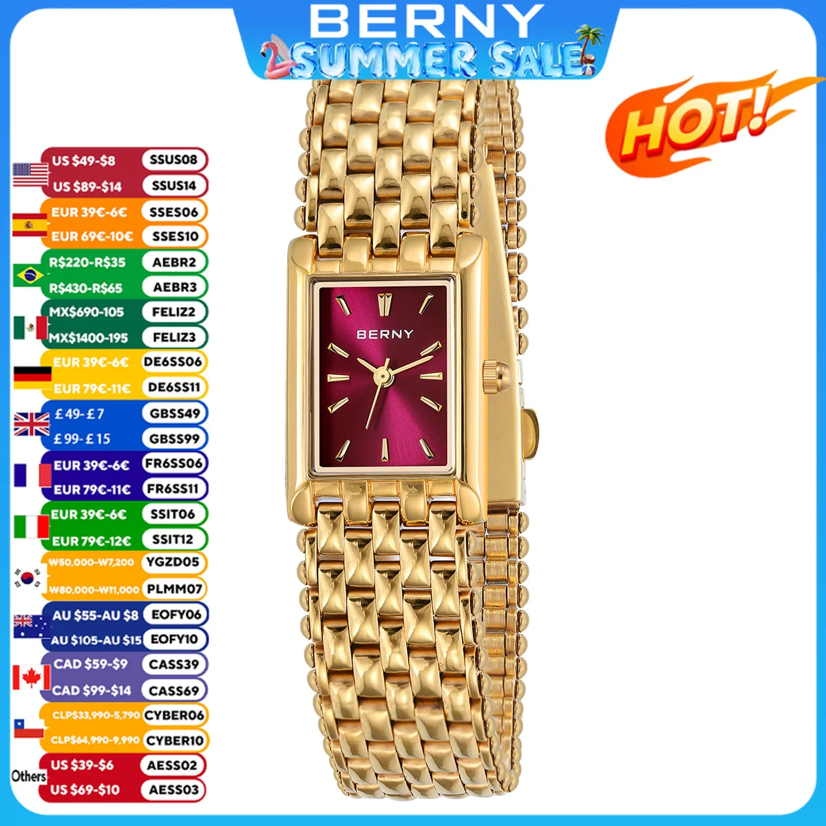 

BERNY Gold Watch for Women Burgundy Red Fashion Casual Women Watches Stainless Steel Square Luxury Ladies Quartz Wristwatches