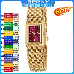 BERNY Gold Watch for Women Burgundy Red Fashion Casual Women Watches Stainless Steel Square Luxury Ladies Quartz Wristwatches