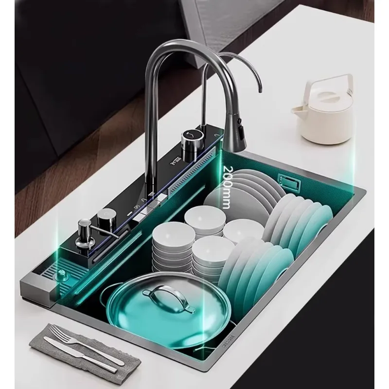 304 stainless steel single bowl kitchen sink waterfall faucet large digital display intelligent single tank design