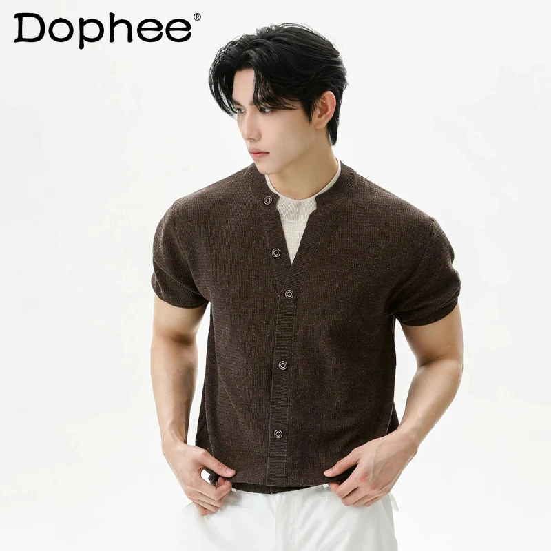 

2026 Men's Summer New Trendy Cool Faux Two-piece Knitted Short-sleeve Cardigan Tops Breathable T-shirts Chic Color Matching Tees