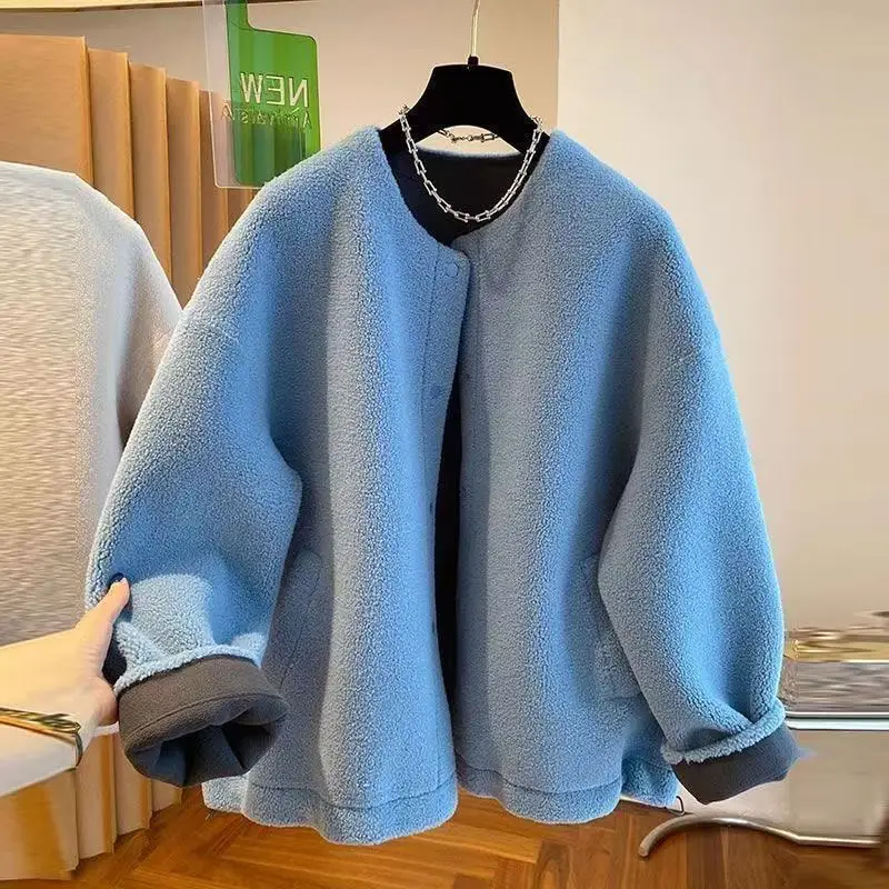 

Loose Fashion Lamb Wool Women Jackets 2025 Autumn Winter New Single Breasted Warm Outerwear Korean Style Solid Color Casual Coat