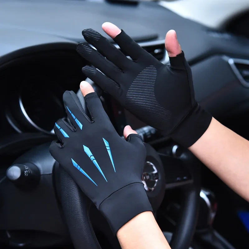

Summer 2 Fingers Gloves Riding Driving Sports Ice Silk Half Finger Breathable Elastic mtb Hiking Fishing Equipment Men Women