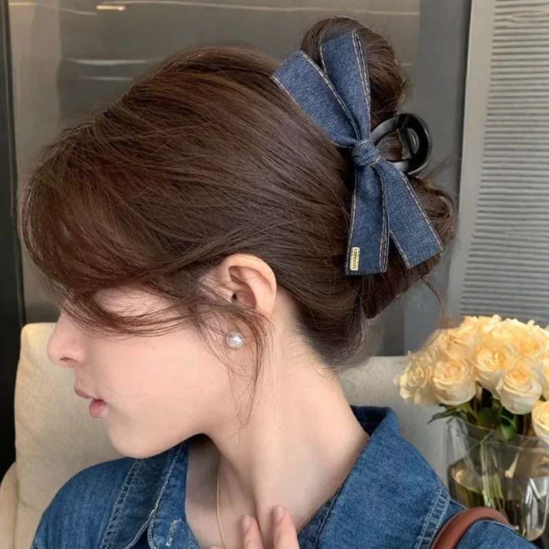Haarspange aus Denim-Schleifenband, große Schleife, Haarklammer, rutschfeste Haarklammer, starker Halt, modische Haar-Accessoires für Frauen und Mädchen