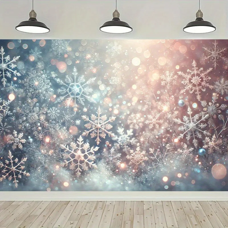 2D Flat, Large Horizontal Snowflake Tapestry - Falling Snowflakes Winter Scene Wall Hanging, Soft Falling Snow Design for Christ