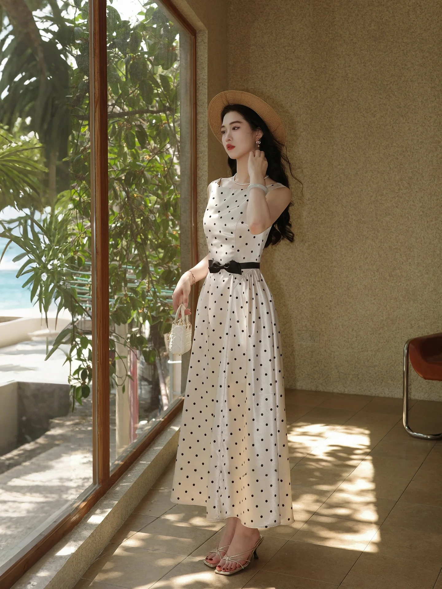 

Lingxian Zhihe Summer Polka Dot Satin Dress Women's Backless Strap Long Dress French Style A-Line Skirt Knot Waist-...