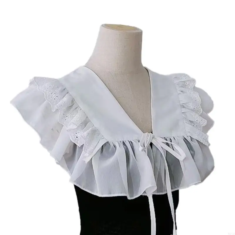 W0YA Lace Ruffled Shawl Collar Elegant Sweet False Collar Detachable for Lady Delicate Flouncing Collar Ruffled Lace