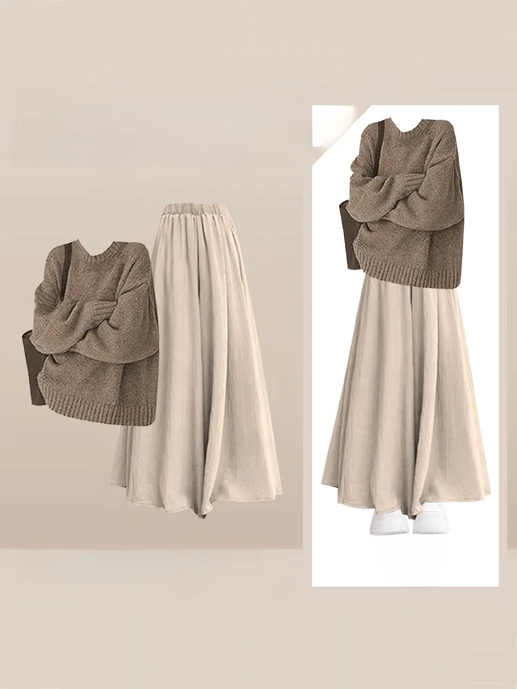

Зимний женский элитный круглый вязаный свитер Lazy Sle, широкая повседневная юбка, брюки, свободный комплект из двух предметов