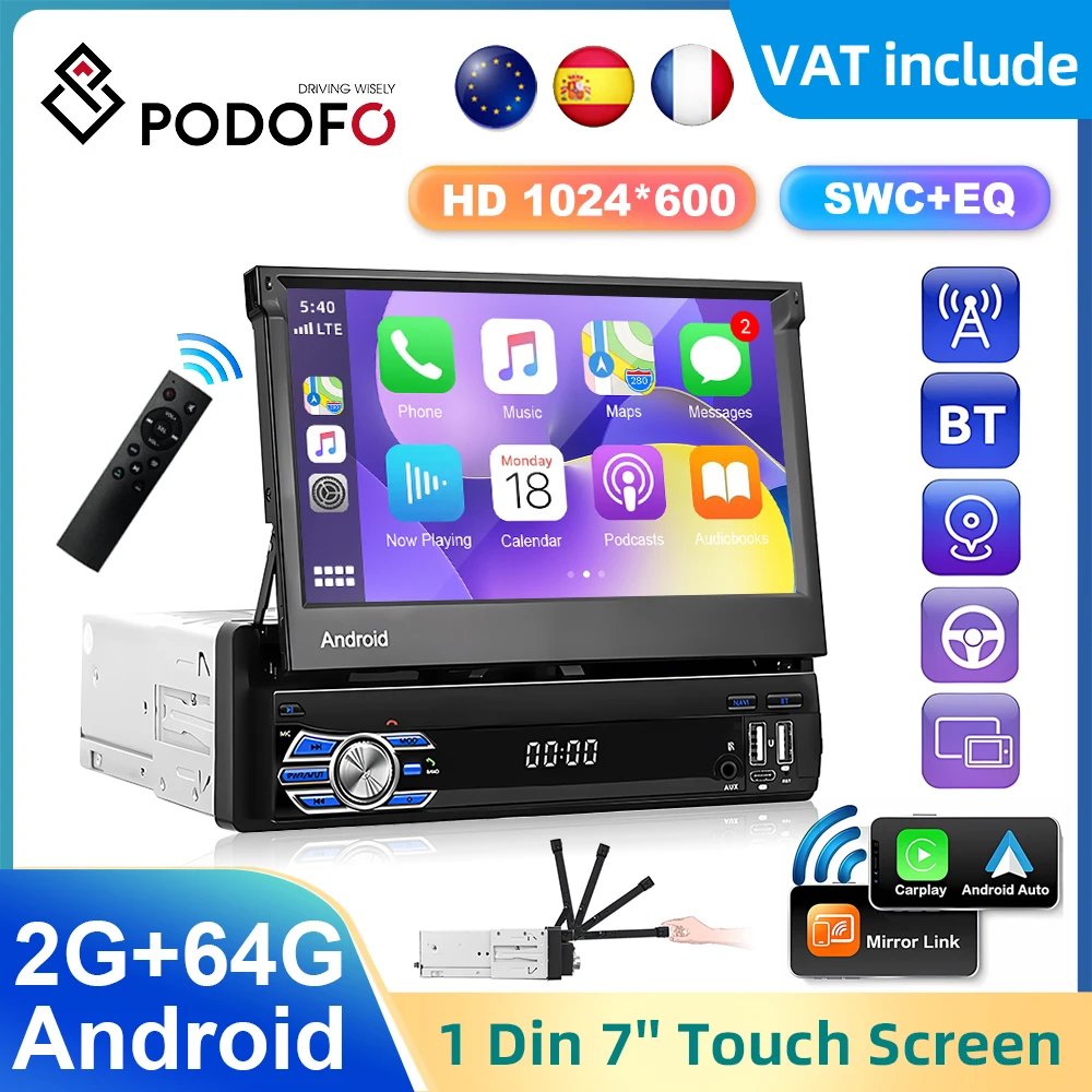 Podofo 1din 7” Android Manual Telescopic Car GPS Radio 2+64G Carplay Android auto Car Multimedia Player WIFI Bluetooth FM