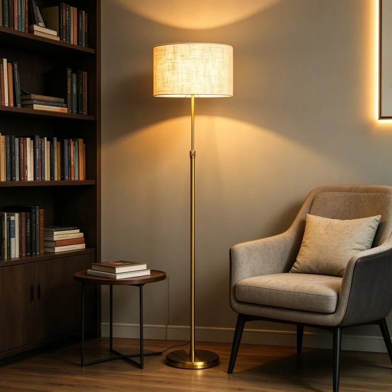 Modern Brass Gold Height Adjustable Floor Lamp Fabric Shade E27 Standing Lamp 90-260V for Living Room Bedroom Home Office