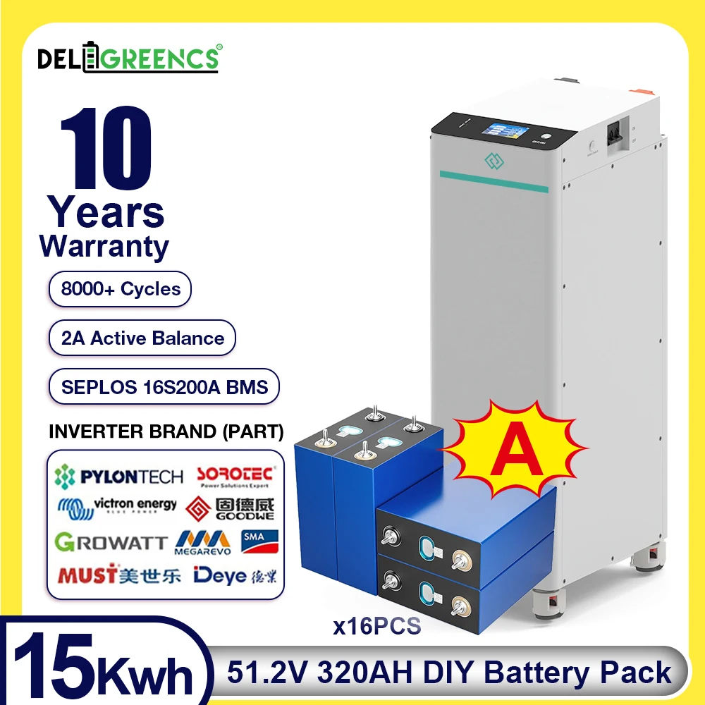 

Solar Storage 51.2V 320AH CATL Grade A DIY Battery Pack SEPLOS Vertical 4.0 Case SEPLOS 16S200A BMS Active Balancing CAN RS485 E