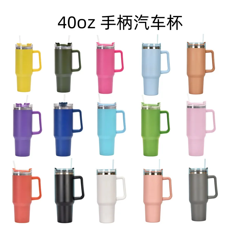 

40oz handle car cup large capacity car double layer stainless steel ice thermos cup with straw