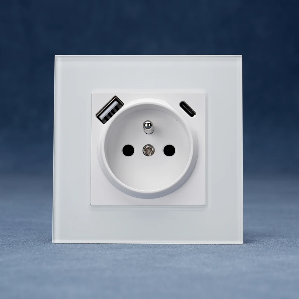 

European standard 86*86mm tempered glass French socket USB port Type-A Type-C 16A with ce certification 110-250V