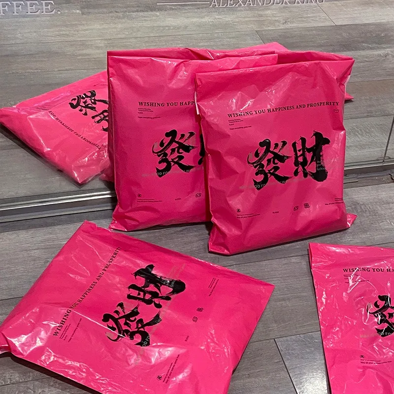 50Pcs 6 Sizes Rose Red Plastic Express Bag Chinese Get Rich Print Shipping Envelope Logistics Packing Mailing Bags Poly Mailers