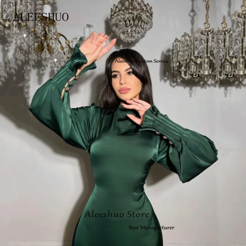 Aleeshuo-Vestidos femininos de tafetá de mangas compridas, vestido elegante, árabe, Dubai, com renda, gola alta, pregas, Abaya