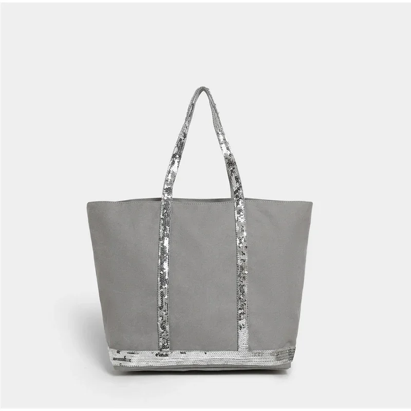 Pailletten-Canvas-Einkaufstasche mit Reißverschluss, große Kapazität, Vintage-Kontrastfarbe, Damen-Umhängetasche, Designer-Pendler-Alltagshandtasche, Schwarz – Detail 10