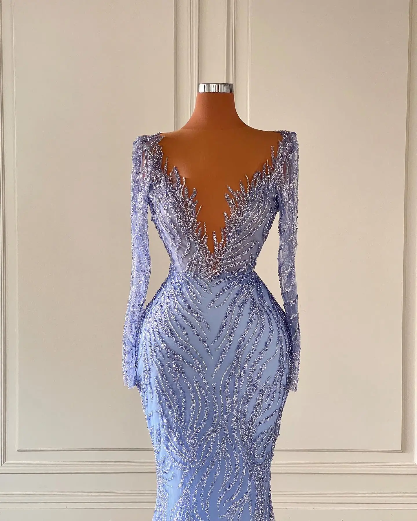 Sexy Beads mermaid Evening Dresses Elegant Deep V Neck Prom Dress Full Sleeve Lace Shiny robe de soiree