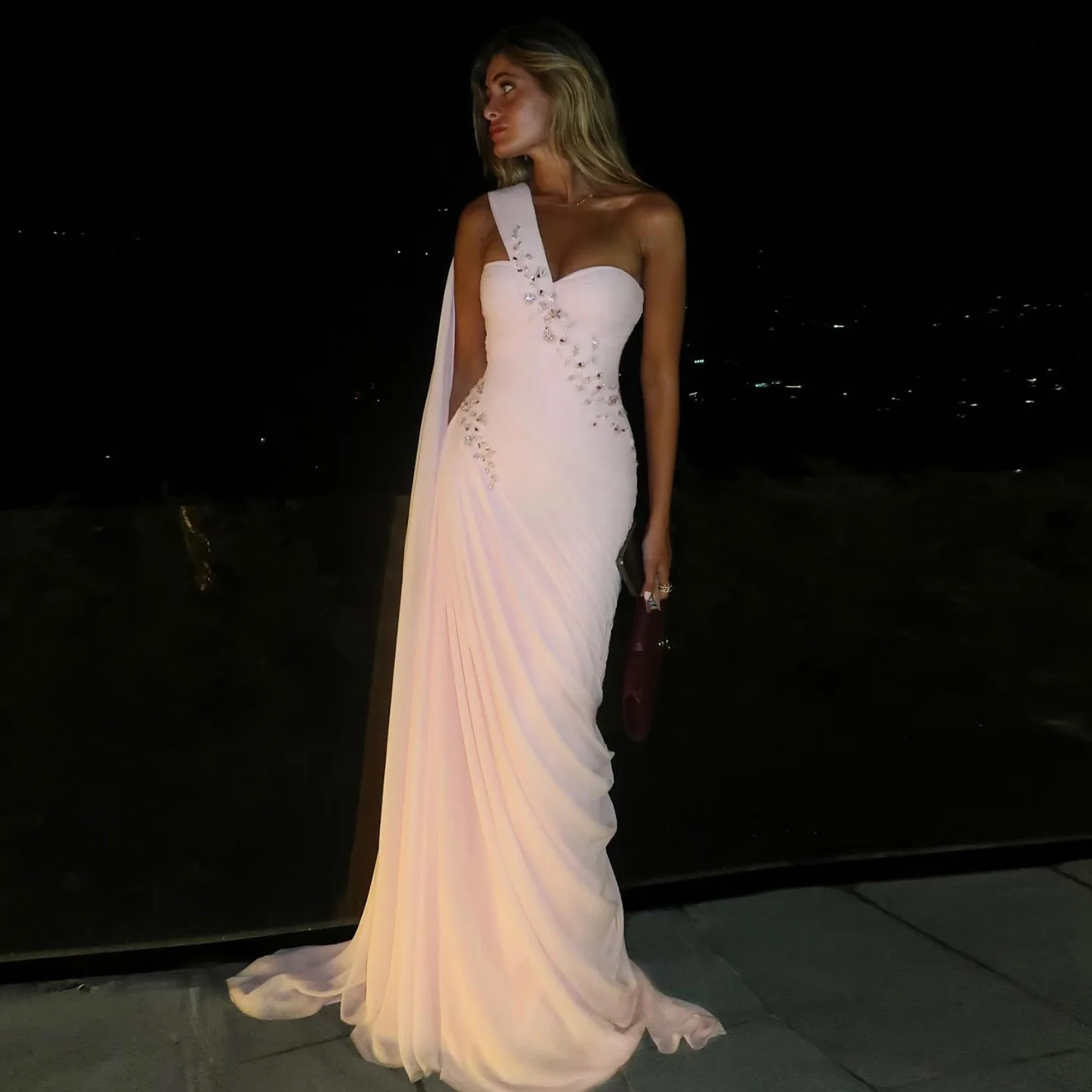 

Sharon Said Elegant Pink Mermaid Evening Dress One Shoulder Cape Crystal Bead Modest Women Wedding Party Gowns SF249 Customized
