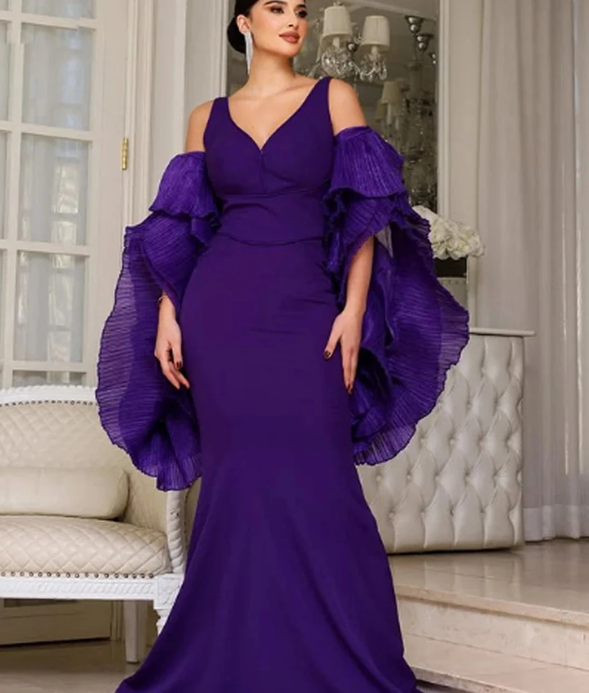 맞춤형 우아한 저지 머메이드 숄 러플 이브닝 드레스 섬세한 V넥 민소매 롱 드레스 맞춤 사이즈