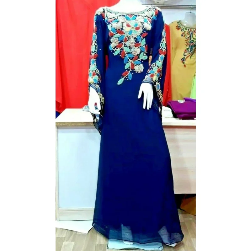 

Navy Blue Kaftans Farasha Abaya Dress In Dubai Morocco Very Fancy Long Dress European and American Fashion Trend