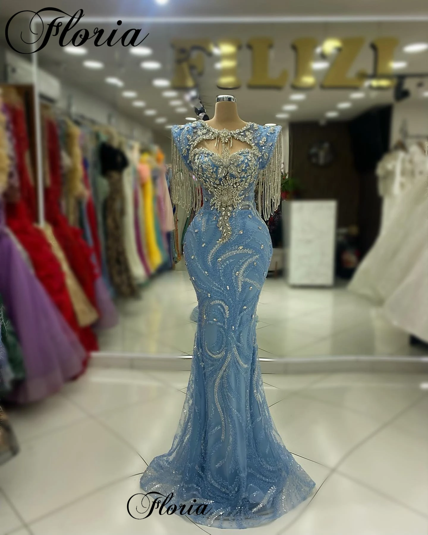 2024 Sky Blue Celebrity Dresses With Crystals Sleeveless Designer Evening Dresses Elegant Vestido Mujer Prom Party Dresses