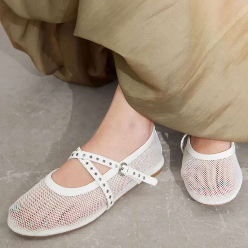 Women's Mesh Ballet Flats with Eyelet Straps Sandals Breathable Mary Jane Shoes Square Toe Flat Sandals for Summer Style Sandals