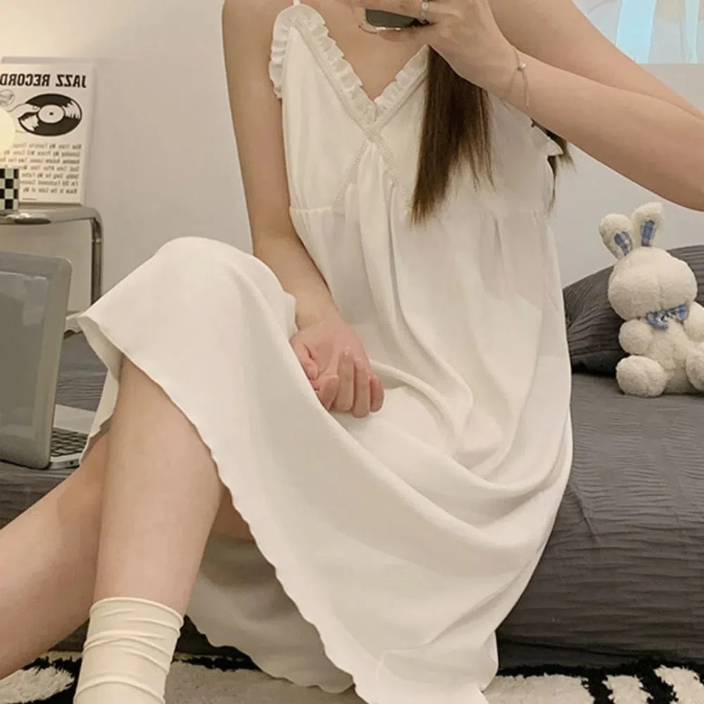 Elegant Ruffle Women's Pajama Dress V-neck Loose Suspender Nightdress Homewear Sleeveless Sling Nightgown Girls