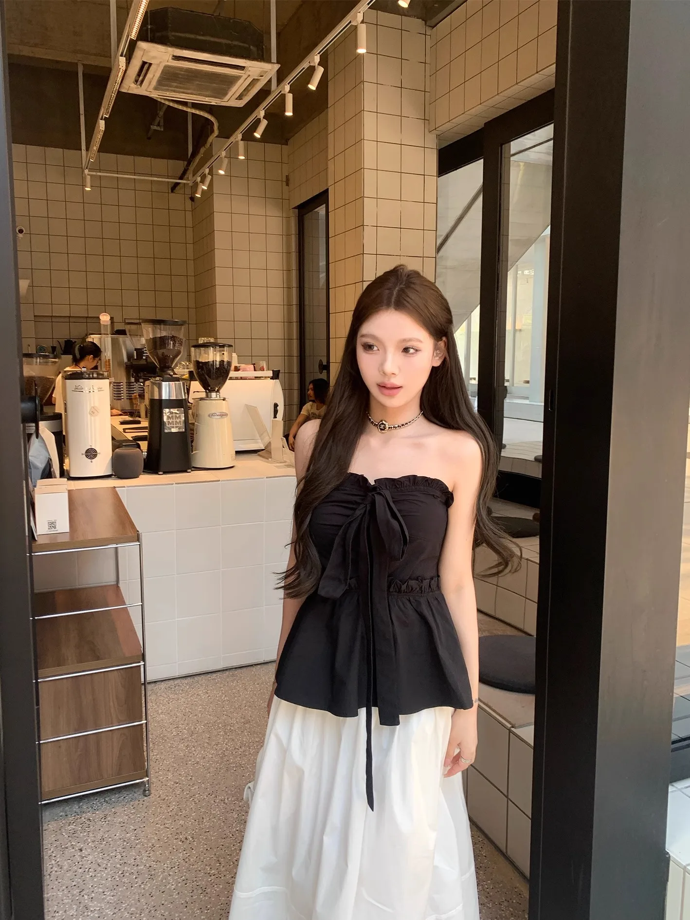 

EU Spring Summer Sweet And Spicy Waist-Cinching Ruffle Vest Slimming Crop Top Women's Faion Commute Sle Pure Cotton