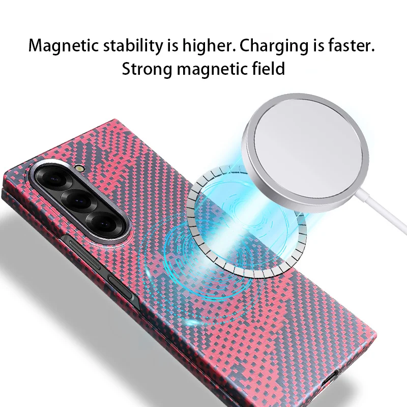 Luxury Carbon Fiber Texture Folding Phone Case For Samsung Z Fold 5 6 Magnetic Wireless Charging Metal Button Protection Cover