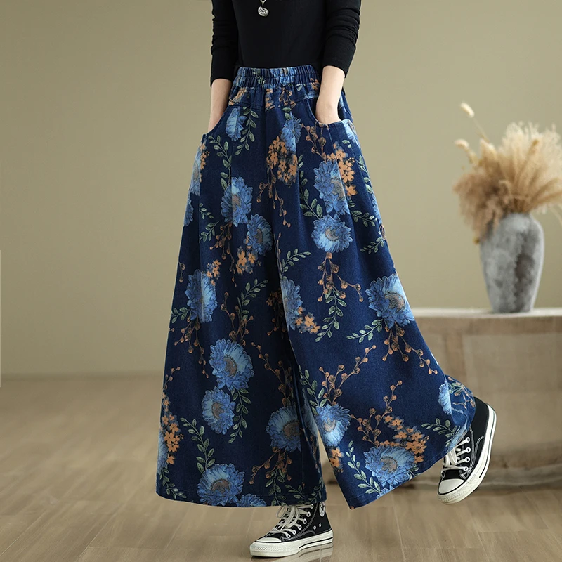 Large Size Denim Pants Wide Leg Elastic Waist Loose Casual Printed Flower Blue Jeans Women Autumn Winter Pocket Straight Jeans