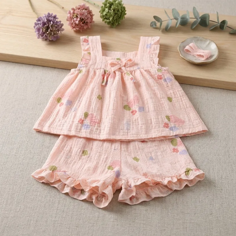 SOMMER Mädchen Mode Blumen-Outfits Mädchen Niedliches Spaghetti-Träger-Top und Shorts Zweiteiliges Set Kinder Prinzessinnen-Kleidungsset Neu