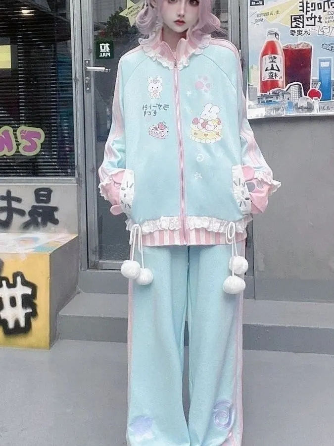 

Повседневный спортивный комплект кардигана, милый наряд для девочек, длинные хлопковые длинные брюки на молнии для молодых женщин