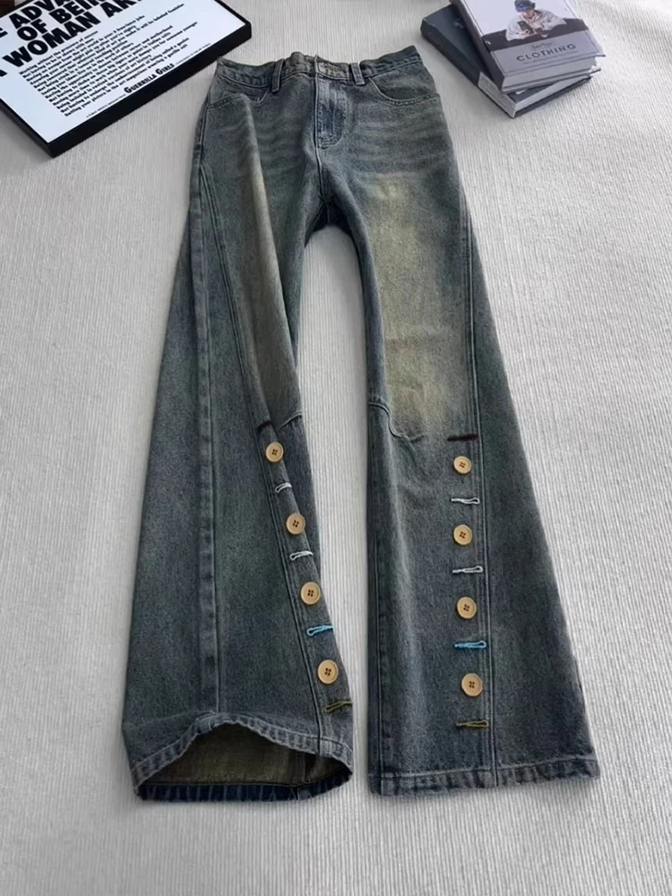 

Мужские джинсы Sla Knife в стиле ретро с синей вышивкой на пуговицах, осень-зима, расклешенные брюки с прямыми штанинами в американском стиле High Street Vibe