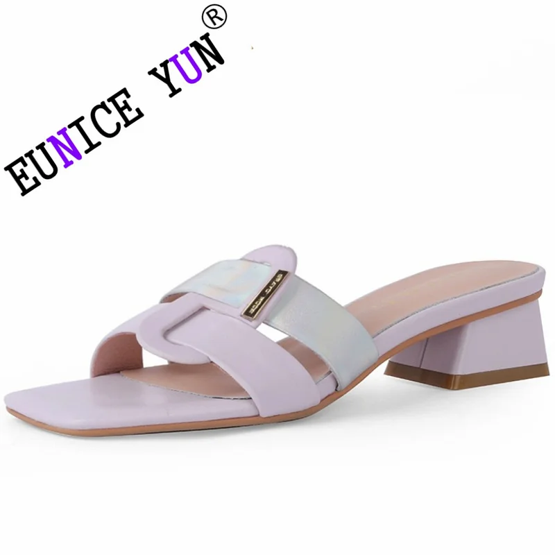 

【EUNICE YUN】Summer Women Brand Genuine Leather Square Toe Flats Flip Flops Designer Ladies Slides Luxury Sandals 33-40