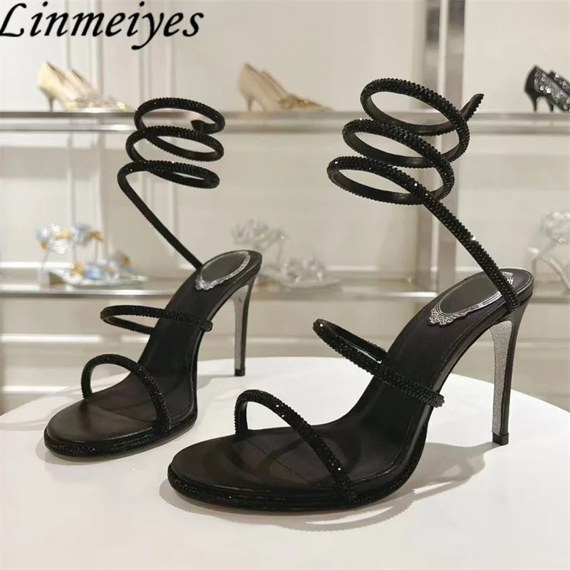 الصيف صنادل كعب عالٍ امرأة حجر الراين خيوط حول الكاحل الأفعى أحذية الزفاف كريستال الكعب صنادل طراز جلاديتور النساء